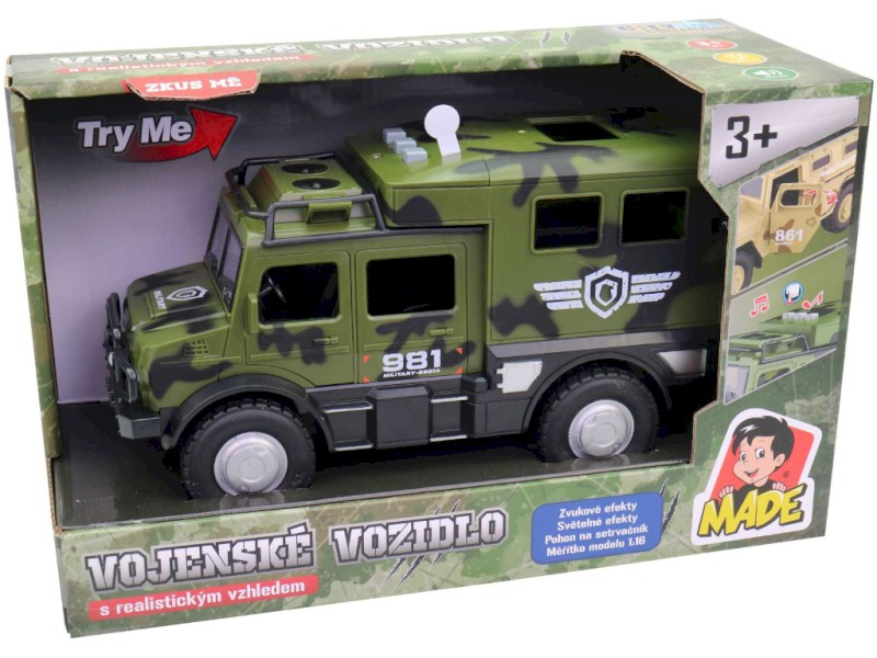 Vojenské auto, na baterie, světlo a zvuk, setrvačník, 25 cm