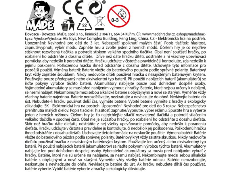 Elektronická hra, na baterie, 13,5 x 7,5 cm