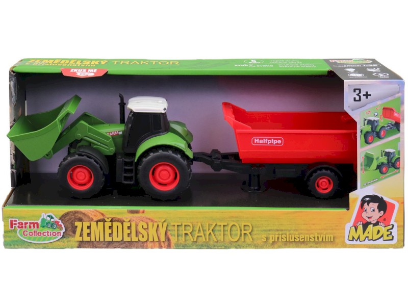 Traktor s přívěsem, na setrvačník, se světlem a zvukem, na baterie, 1:32, 30 cm