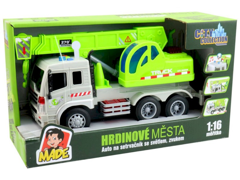 14282 - Auto jeřáb na setrvačník, se světlem a zvukem, na baterie, 27,5 x 10 x14 cm