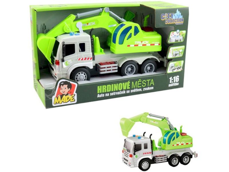 14283 - Auto bagr na setrvačník, se světlem a zvukem, na baterie,  28,5 x 10 x 15,5 cm