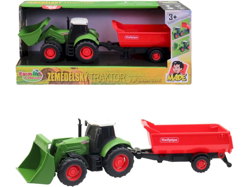 Traktor s přívěsem, na setrvačník, se světlem a zvukem, na baterie, 1:32, 30 cm