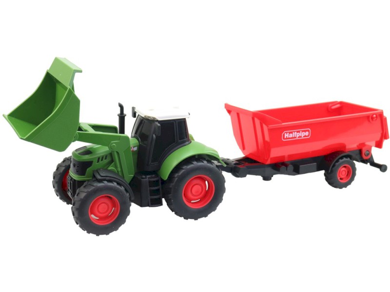 Traktor s přívěsem, na setrvačník, se světlem a zvukem, na baterie, 1:32, 30 cm