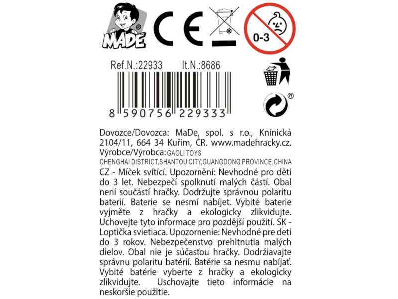 Míček svítící, s bateriemi, 16 cm