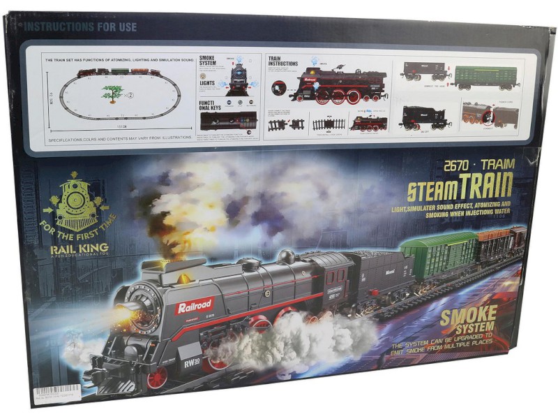 16333 - Vlaková souprava, parní, na baterie, světlo, zvuk, 68 kusů, 151 x 92,5 cm