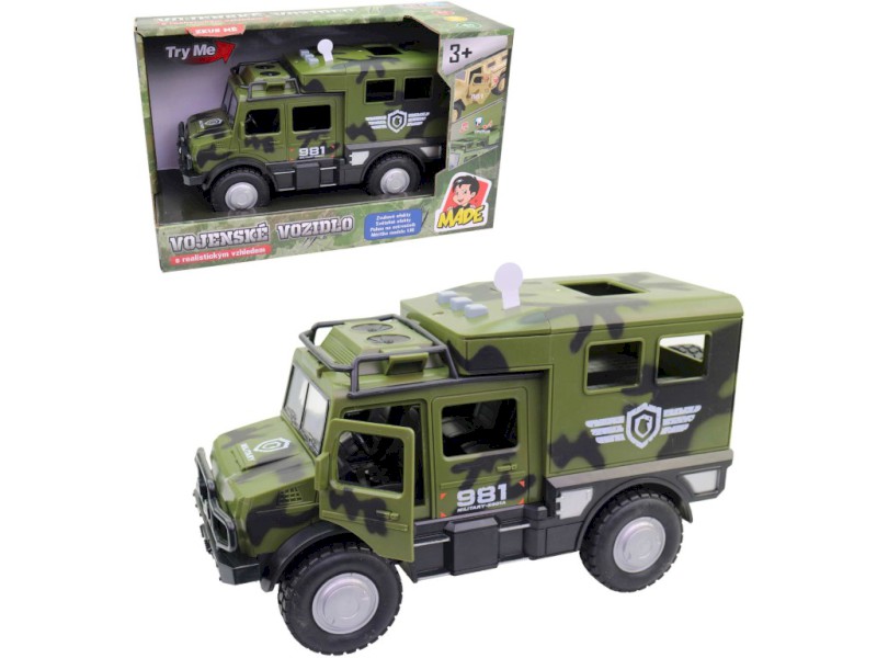 Vojenské auto, na baterie, světlo a zvuk, setrvačník, 25 cm