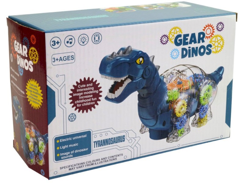 14416 - Dinosaurus s ozubenými kolečky, na baterie, se světlem a hudbou, 24 x 14 x 19 cm