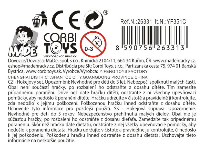 Hokejová souprava s pukem a míčkem, 90 cm