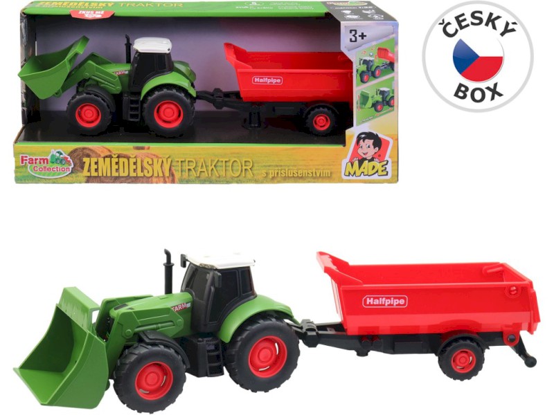 Traktor s přívěsem, na setrvačník, se světlem a zvukem, na baterie, 1:32, 30 cm