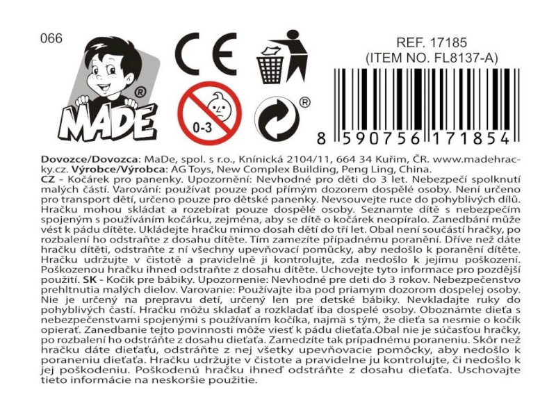 17185 - Kočárek s taškou, 41,5 x 11,5 x 65,5 cm