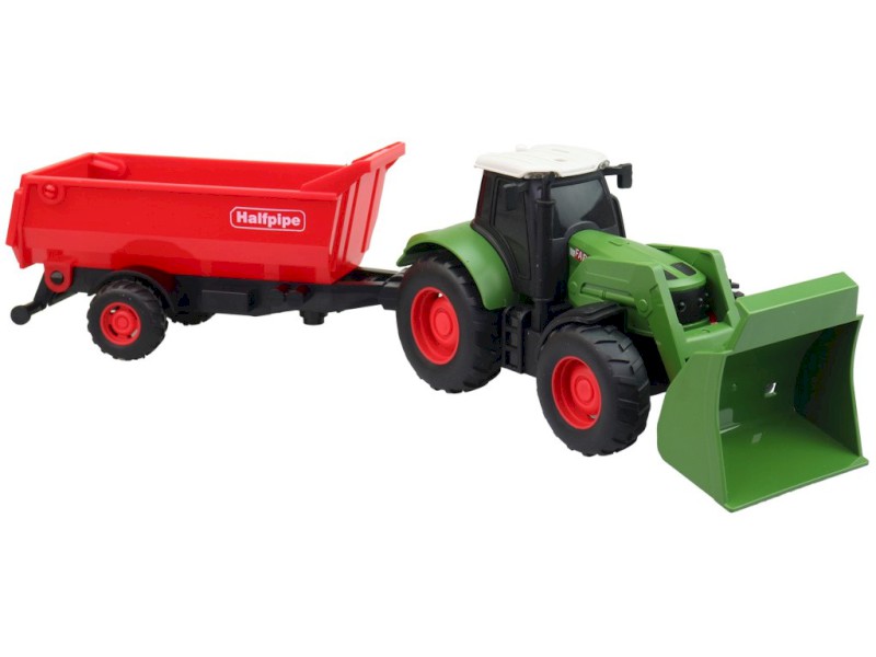 Traktor s přívěsem, na setrvačník, se světlem a zvukem, na baterie, 1:32, 30 cm